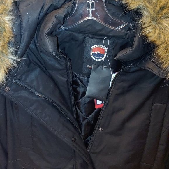 1 MADISON Women Water Resistant Long Parka Hooded Jacket--Black - Picture 6 of 7